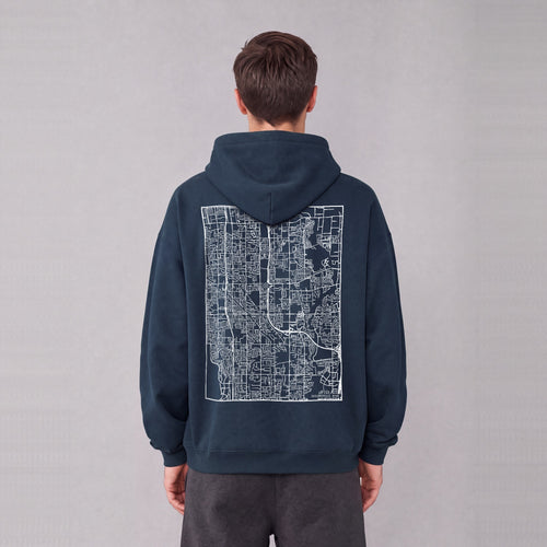 Taylorsville map hoodie, back print on model - Navy Blue
