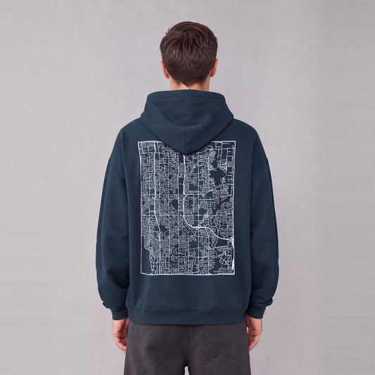 Taylorsville map hoodie, back print on model - Navy Blue