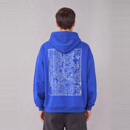 Taylorsville map hoodie, back print on model - Royal Blue