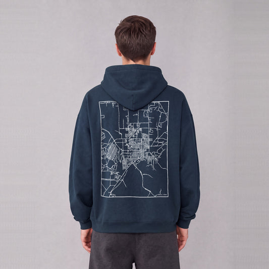 Tooele map hoodie, back print on model - Navy Blue