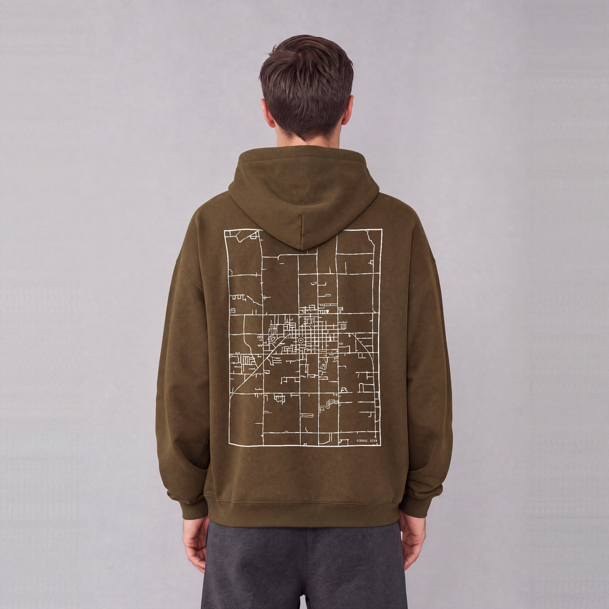 Vernal map hoodie, back print on model - Coffee