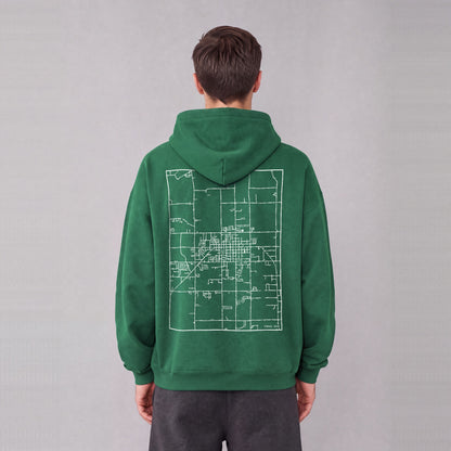 Vernal map hoodie, back print on model - Eden Green