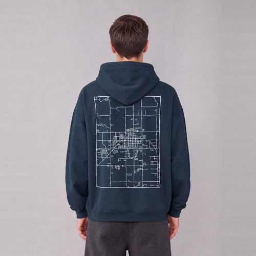 Vernal map hoodie, back print on model - Navy Blue