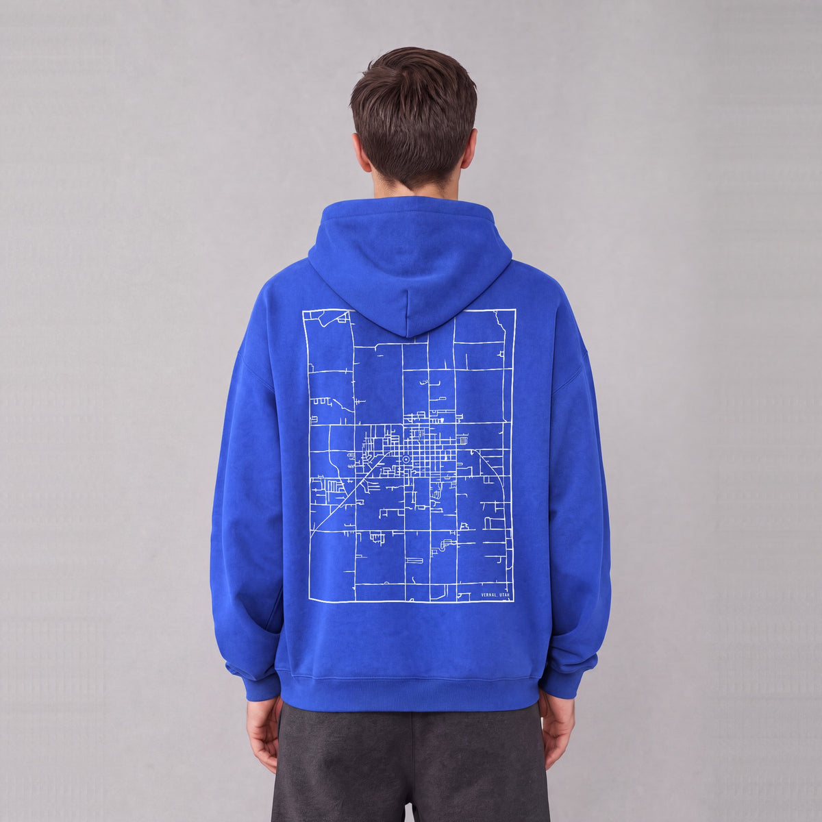Vernal map hoodie, back print on model - Royal Blue