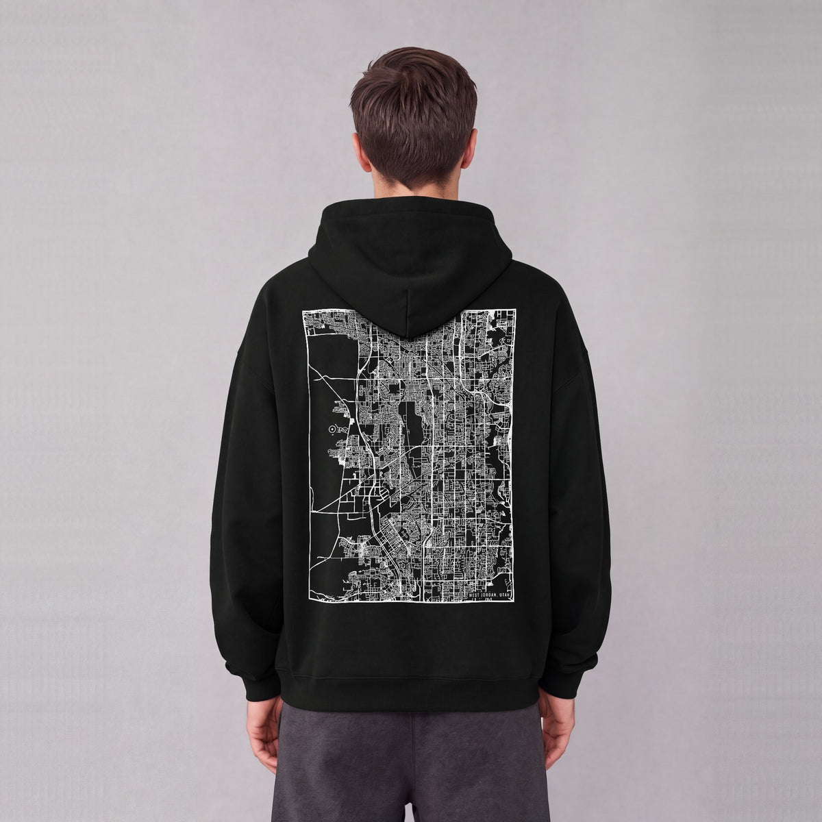 West Jordan map hoodie, back print on model - Black