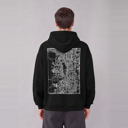 West Jordan map hoodie, back print on model - Black