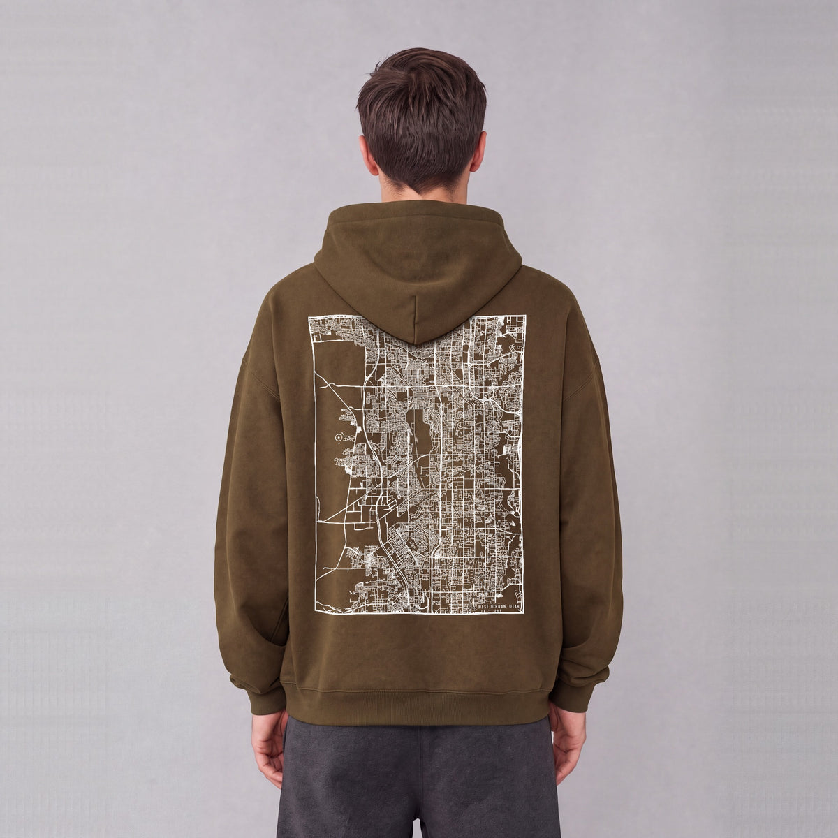 West Jordan map hoodie, back print on model - Coffee