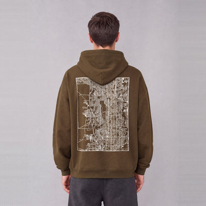West Jordan map hoodie, back print on model - Coffee