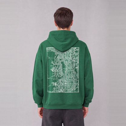 West Jordan map hoodie, back print on model - Eden Green