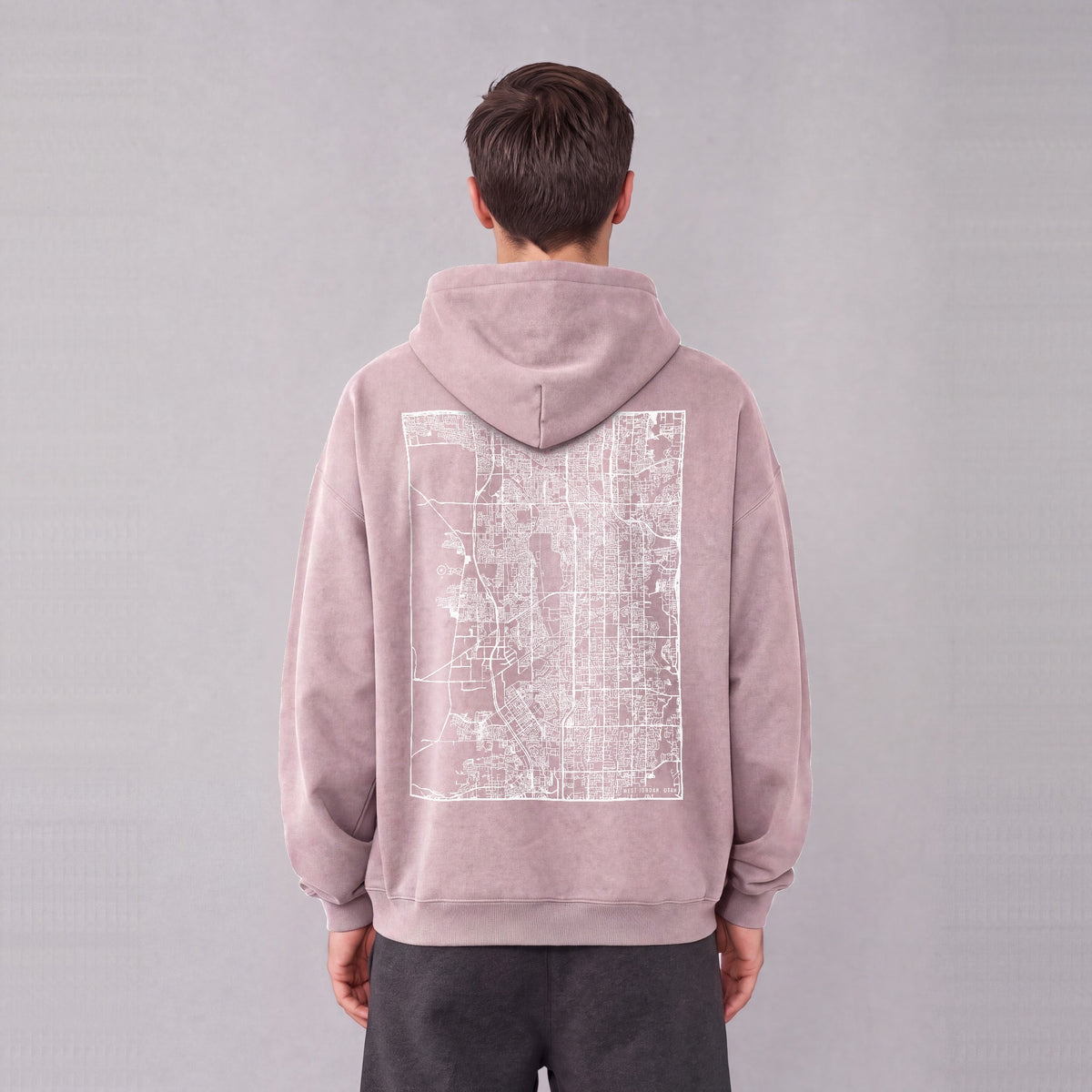 West Jordan map hoodie, back print on model - Mauve