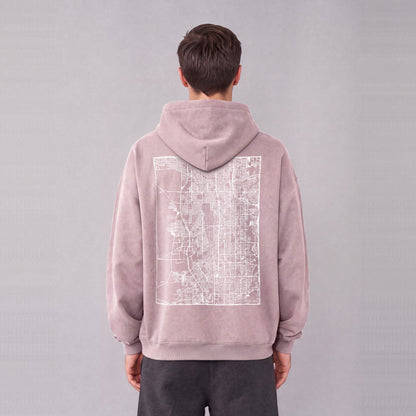 West Jordan map hoodie, back print on model - Mauve