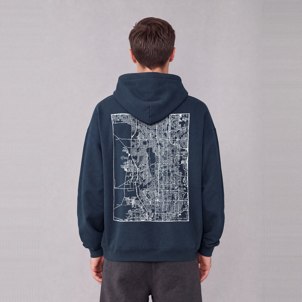 West Jordan map hoodie, back print on model - Navy Blue