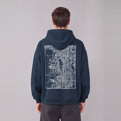 West Jordan map hoodie, back print on model - Navy Blue