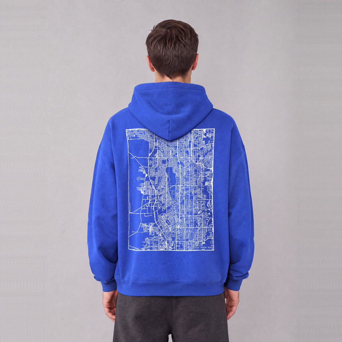 West Jordan map hoodie, back print on model - Royal Blue