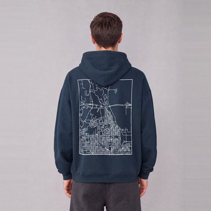 Winter Quarters map hoodie, back print on model - Navy Blue