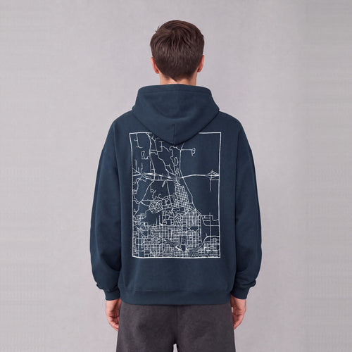 Winter Quarters map hoodie, back print on model - Navy Blue