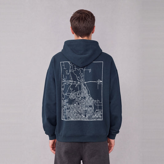 Winter Quarters map hoodie, back print on model - Navy Blue