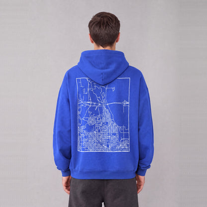 Winter Quarters map hoodie, back print on model - Royal Blue